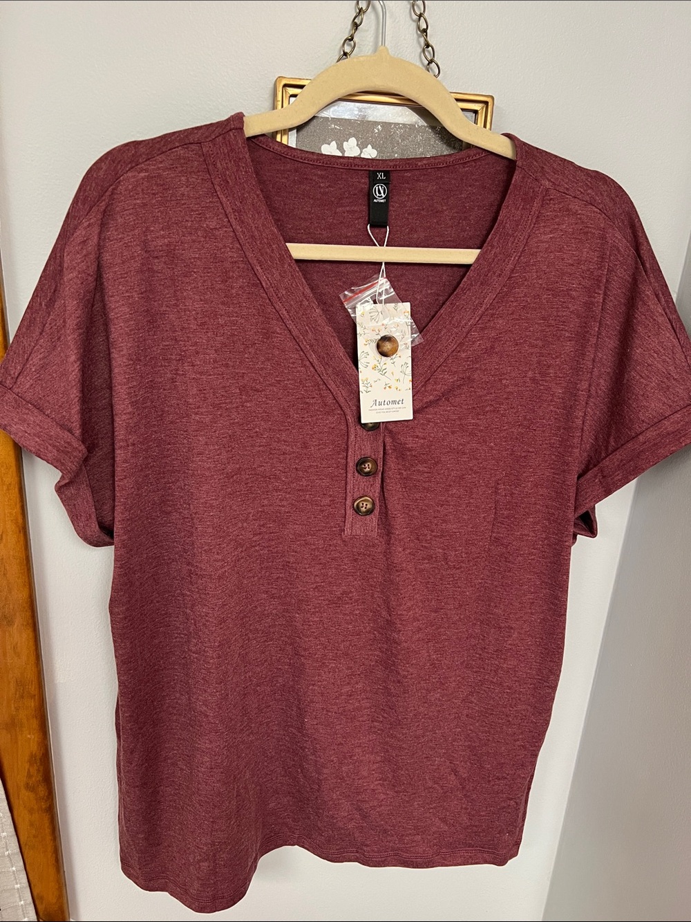 Women's Short-Sleeve V-Neck Henley Top - Burgundy